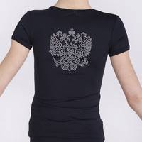Футболка с коротким рукавом, герб России на спине из страз,сердечко триколор из страз на груди